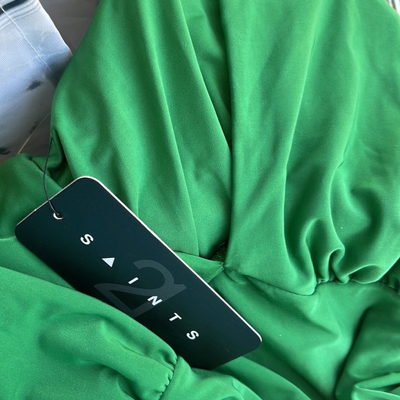 NWT All Saints Green V Neck Ruched Mini Bodycon Dress - Picture 8 of 8